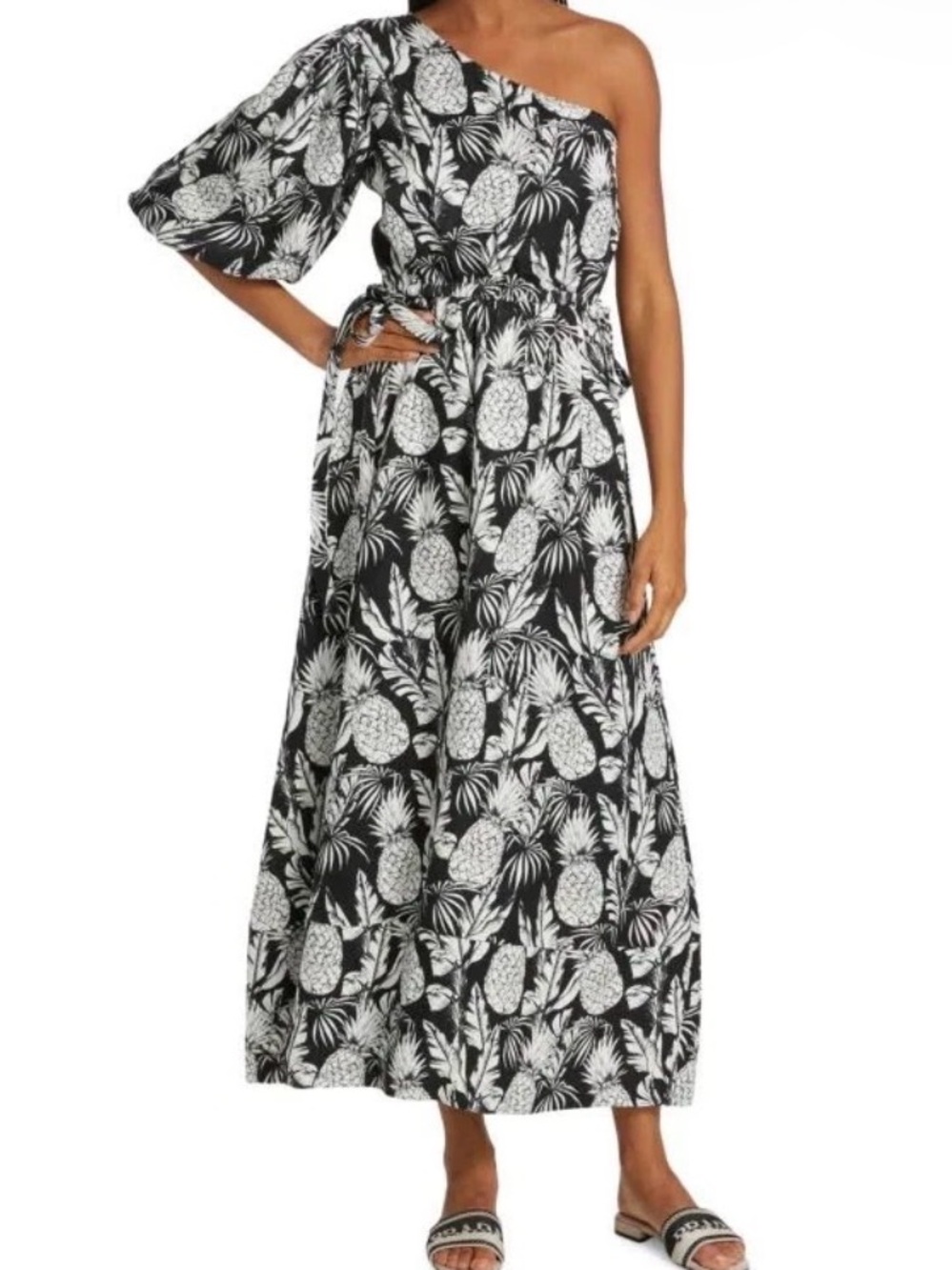 Elie Tahari One Shoulder Maxi Dress NWT Black Ivory Pineapple Tropical Size 6